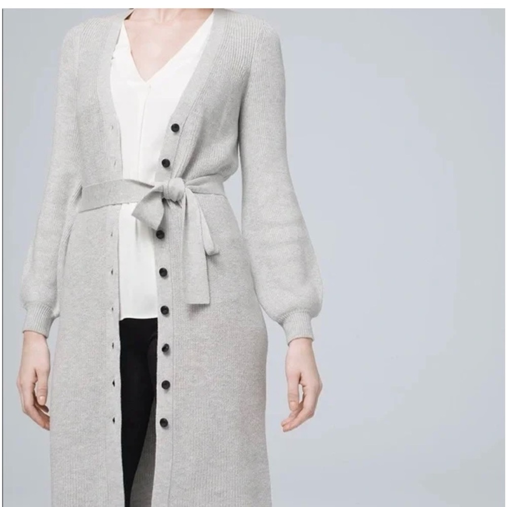 White House Black Market Gray Long Cardigan with Tie Waist